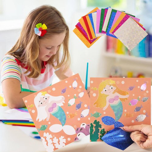 FLAIDO Foil Coloring Craft Art Kit, Mermaid Glitter Colors Transfer to Pictures, Sparkle Dress Up Cards for Kids, Travel & Home DIY Coloring Craft & Fun Activity Supplies