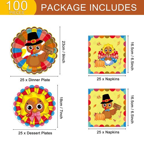 Thanksgiving Turkey Plate Party Supplies Include 50 Plates, 50 Napkins for The Thanksgiving Day Birthday Party Decoration Serves 50