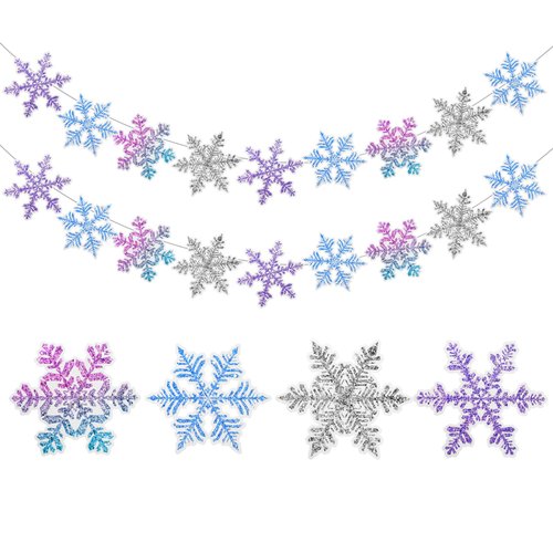 TaoBary 2 Pack Frozen Snowflake Banner Garland Frozen Birthday Party Decorations Winter Snowflake Banners Blue Purple Silver Glitter Snowflake Garland for Wonderland Baby Shower Decorations