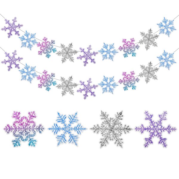 TaoBary 2 Pack Frozen Snowflake Banner Garland Frozen Birthday Party Decorations Winter Snowflake Banners Blue Purple Silver Glitter Snowflake Garland for Wonderland Baby Shower Decorations
