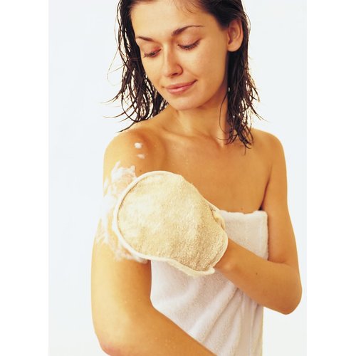 Premium Natural Exfoliating Loofah Glove Pad Body Scrubber by Spa Destinations. Mitt Sponge Biodegradable Bath and Shower Luffa Sponge, Women and Men (2 Pack) Beige