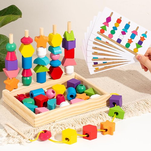 KidMigo Montessori Toys for 3 Year Old, Stacking Toys for Toddlers, Stacking Blocks, Lacing Beads, Matching Shape Preschool Toys, Montessori Toys for 3 4 5 Year Olds with Canvas Storage Bag