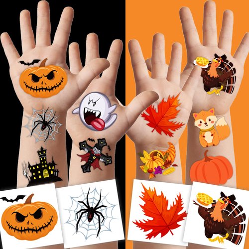 winthrop 240 Pcs Halloween & Thanksgiving Temporary Tattoos for Kids, Individually Wrapped Waterproof Safety Holiday Tattoos Stickers, Best Choice for Trick or Treat and Fall Gifts, 120 Designs