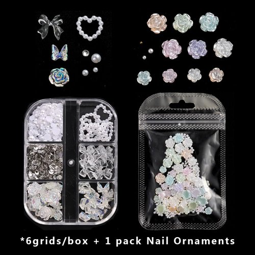 3D Multi Shapes Nail Charms, Aurora Rose Camellia Butterfly Acrylic Flower Clear Bow-Knot White Heart Flatback Pearls Nail Decoration Jewelry DIY Crafts Y2K Nail Art Accessories