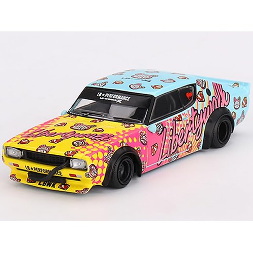 Skyline Kenmeri Liberty Walk RHD (Right Hand Drive) Kuma Light Blue and Yellow with Graphics Limited Edition 1/64 Diecast Model Car by Mini GT MGT00698
