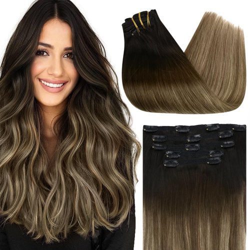Sunny Ombre Clip in Hair Extensions Ombre Human Hair Clip in Extensions Natural Black Ombre Dark Brown Mix Caramel Brown Real Hair Extensions Clip in Human Hair Ombre Hair Extensions 100g 7pcs 14inch