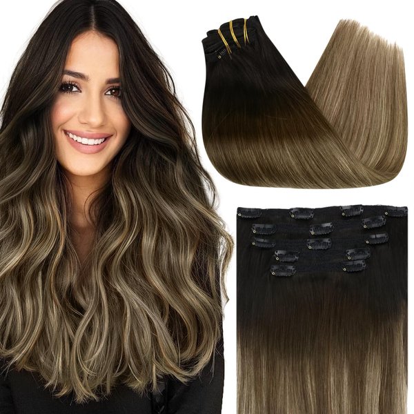 Sunny Ombre Clip in Hair Extensions Ombre Human Hair Clip in Extensions Natural Black Ombre Dark Brown Mix Caramel Brown Real Hair Extensions Clip in Human Hair Ombre Hair Extensions 100g 7pcs 14inch