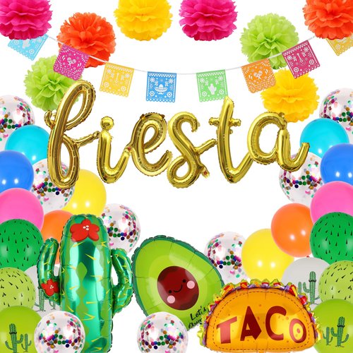 40 Pcs Fiesta Letter Banner Balloons Jumbo Mexico Taco Llama Cactus Avocado Mylar Foil Balloon Birthday Mexican Fiesta Theme Latex Balloon Party Decorations