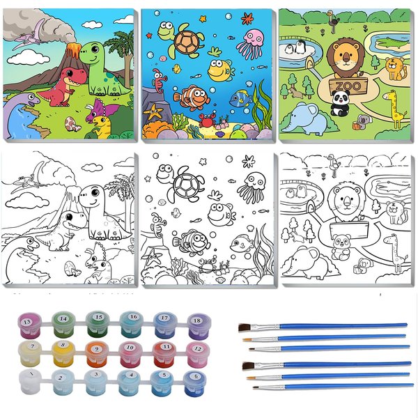 LSTRULST Paint by Number for Kids, Canvas Pre-Printed Acrylic Oil Painting Kits with Framed Canvas Sizes 8x10inch, Includes 18 Acrylic Paint Pots and 6 Paintbrushes -3 Pack