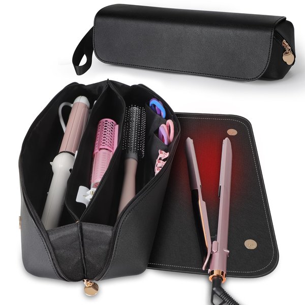 Doormoon Hair Tools Travel Bag, Portable Leather Hair Tools Organizer Curling Iron Case with Heat Resistant Mat for Flat Iron Straightener