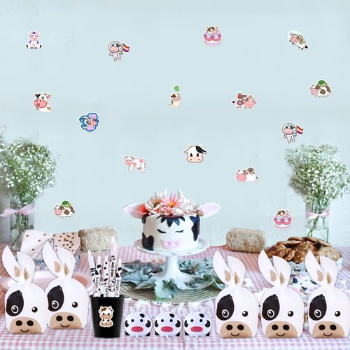JOYMEMO 100 Pcs Cow Party Favors Supplies for Boys Girls, Include Keychains Stickers Cow Treat Goodie Bags Pens, Cow Theme Birthday Baby Shower Party Farmhouse Decorations