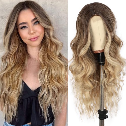 Wigoddess Ombre Blonde Wigs for Women Long Blonde Wavy Wig Synthetic Middle Part Curly Wavy Wigs with Dark Roots Heat Resistant Wig for Daily Party Use 26 Inch