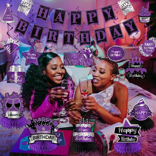 GERMISHUYS Purple Birthday Party Decorations, Birthday Decorations for Women Include Happy Birthday Banner, Hanging Swirls and Honeycomb Centerpieces, Purple Decorations for Party Supplies