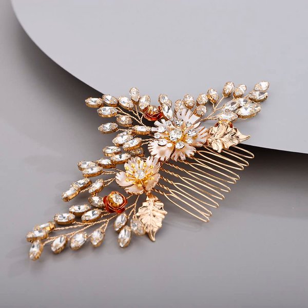 Chargances Bride Wedding Crystal Flower Hair Comb Gold Rhinestone Leaf Hair Vine Comb Fashion Handmade Headpiece Bridal Hair Accessories for Wedding Prom Flower Girl
