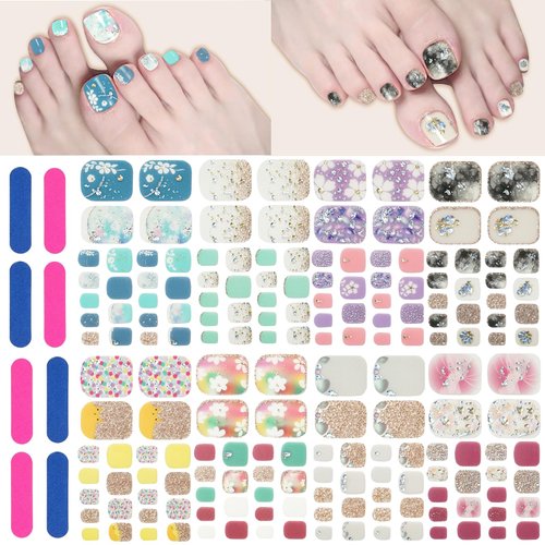 8 Sheets Toe Nail Stickers Diamond Flower Full Nail Wraps Glitter Toenail Nail Polish Strips Marble Decals Colorful Sparkly Rhinestones Toe Nail Wraps Toes Nails with 8pcs Nail file for Women Manicure