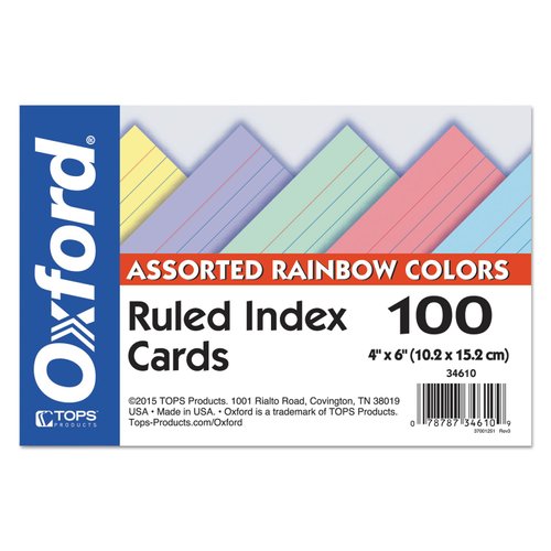 Oxford Ruled Color Index Cards, 4" x 6", Assorted Colors, 100 Per Pack (34610)