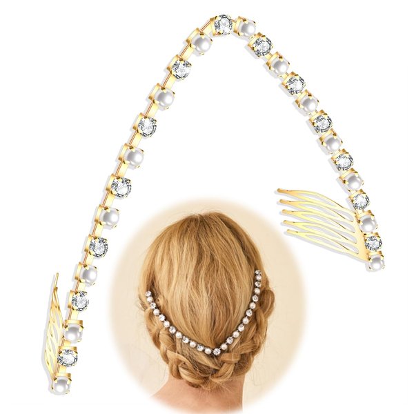 BVGA Wedding Pearl Rhinestone headband for women Vee Hair Halo for Women Gold Round Crystal Pearl Hair Pins Clips V-shaped Headpiece