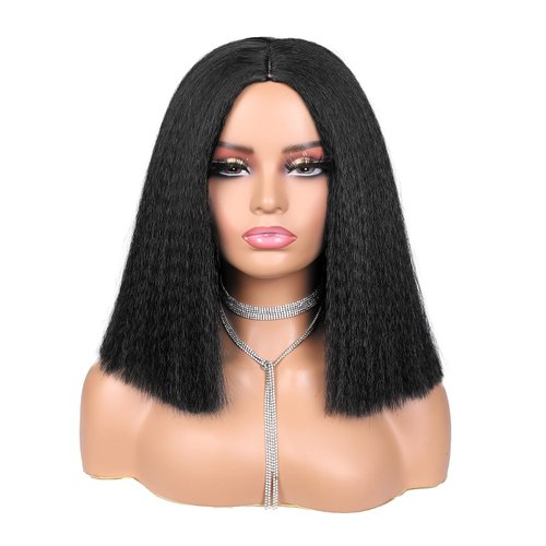 Quick Wig Yaki Straight Bob Wig Short Black Kinky Straight Wigs Blunt Cut Synthetic Wig Shoulder Length Glueless Bob Wig Middle Part Hair for Women Natural Black Color