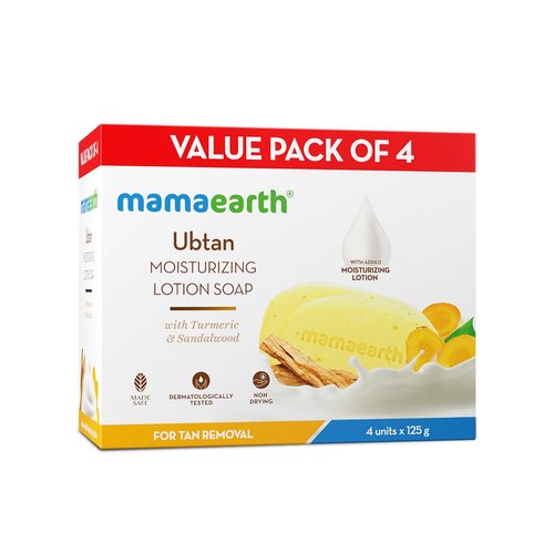 MAMAEARTH Ubtan Moisturizing Lotion Soap Bar | De Tan Naturally with Turmeric & Sandalwood | Gently Exfoliates Tanned Skin | Lotion Based Cleanser | 4 Bars (4.41 Oz/125g Each)