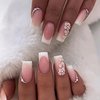 Medium Square Fake Nails French Press on Nails Glossy Glue on Nails Full Cover False Nails with Flower Rhinestones Design Artificial Fingernails White Nail Tips Pink Acrylic Nails for Women 24 Pcs