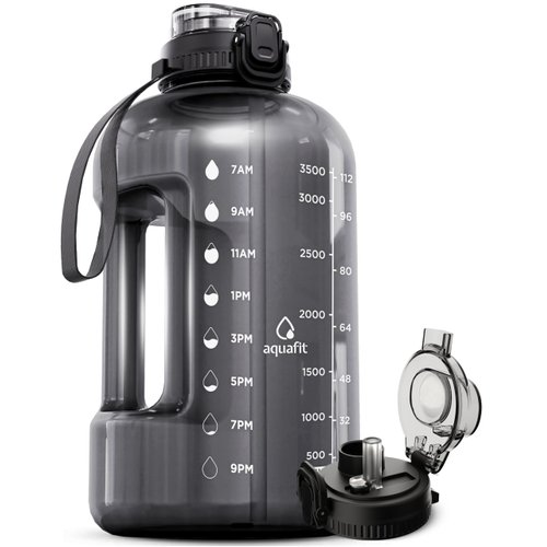 AQUAFIT 1 Gallon Water Bottle with Time Marker - 2in1 Straw & Chug Lid - BPA Free Big Water Bottle with Straw - Gym Water Bottle with Handle - Gallon Water Jug (128 oz - 2in1 Lid, Gray)