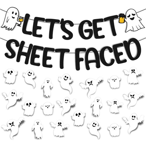 Let’s Get Sheet Faced Banner with 3D Ghosts Decoration Halloween Bat Spider Witches Haunted House Theme Happy Halloween Party Supplies Glitter Black Decorations