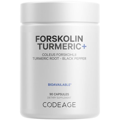 Codeage Forskolin, Pure Forskolin Coleus + Organic Turmeric Root Powder, 95% Curcuminoids + Bioperine Black Pepper for Absorption - 20% Standardized Coleus Forskohlii, Non-GMO, 90 Capsules