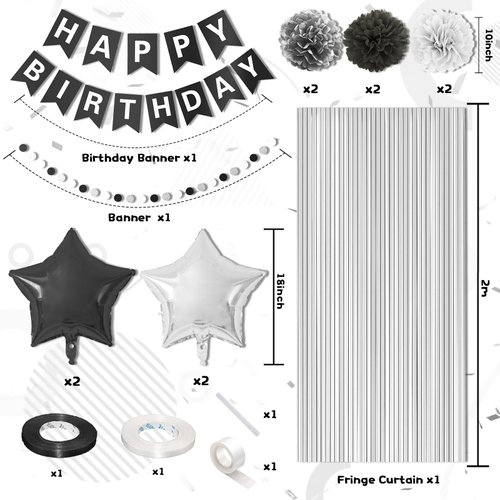 Black White Silver Birthday Decorations,Men Boys Party Decorations with Black White Silver Confetti Birthday Balloons Happy Birthday Banner Silver Fringe Curtain Tissue Paper Pompoms Star Garland