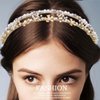 Firuilo Gold Double Headbands Gray Pearls Hair Bands Bling Crystal Rhinestones Head Bands Bride Weeding Diamond Hair Hoop for Women and Girls