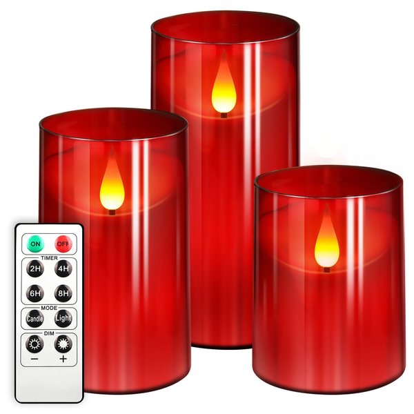 NURADA Flameless Candles with Remote Timer: 3D Wick Battery Operated Led Pillar Candle Fake Candles Set for Wedding Birthday Halloween Christmas Decorations - Red 3 Pack