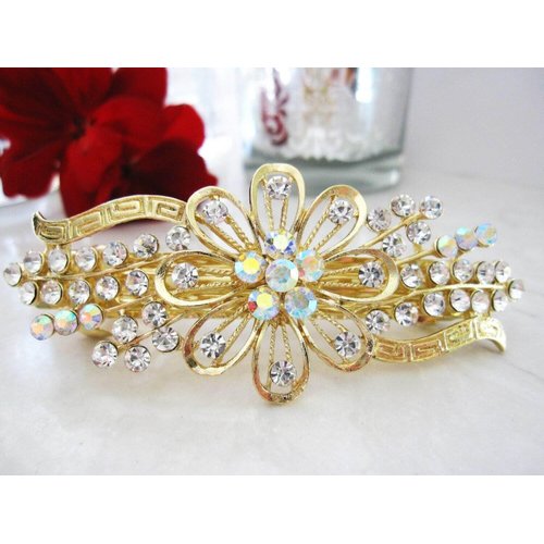 Gold flower shaped crystal hair barrette clip bridal clip bridal barrette