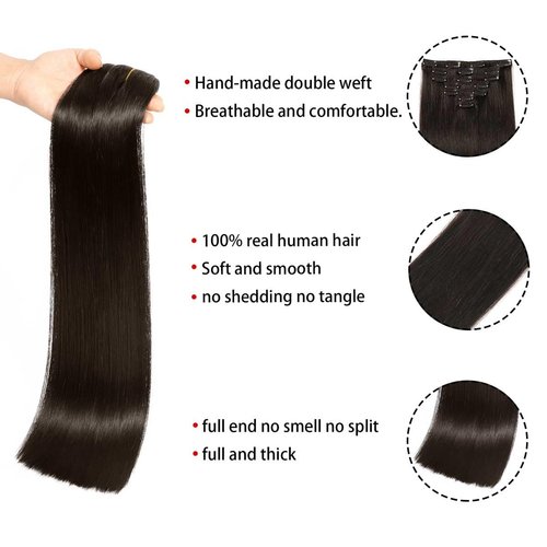 Clip in Hair Extensions Real Human Hair Straight 16 Inch 7pcs 120g Clip ins Hair Extensions Brazilian Remy Human Hair 16 Clips Double Weft Human Hair For Women (16 Inch, 1B Natural Black)