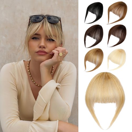 Cephermer Bangs Hair Clip 100% Real Human Hair Clip in Bangs French Fake Bangs Hair Extensions Fringe with Temples Hairpieces Wispy Curved Bangs For Women Ash Blonde