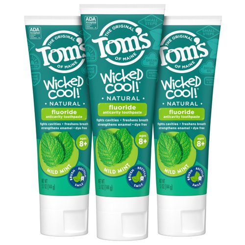 Tom's of Maine ADA Approved Wicked Cool! Fluoride Children's Toothpaste, Natural Toothpaste, Dye Free, No Artificial Preservatives, Mild Mint, 5.1 oz. 3-Pack (Packaging May Vary)