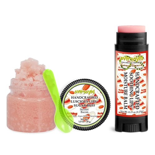 Sizzlin' Bacon Soothing & Luscious Lips by OverSoyed Exfoliator & Chapped Lip Repair Lip Care Combo | Artisan Handcrafted to Order Smoky Cured Ham Black Pepper Flavored Exfoliating Sugar Lip Scrub & Lip Moisturizer Balm Gift Set