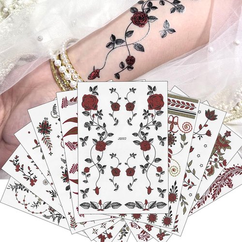 Xmasir Gold Henna Tattoo Kit Sticker, 10 Sheets Indian Arabian Temporary Henna Stickers Waterproof Henna Tattoo Stickers for Body Art Paint (Gold-1)