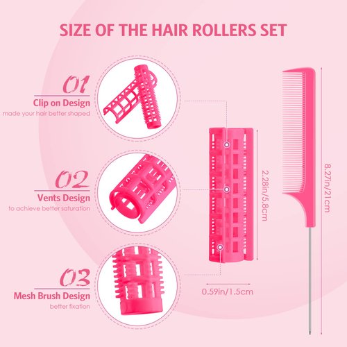 Syhood 24 Pcs Snap Hair Roller, Small Plastic Hair Rollers Hair Curlers with Rat Tail Comb for Short Hair Long Hair Styling Tool(0.59 x 2.28 Inch,Pink)