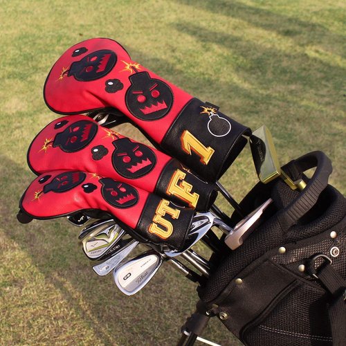 Craftsman Golf Fairway Wood Headcover Embroidery Bomb, Red and Black PU Leather Golf Head Covers for Fairway Wood (Wood Cover F)