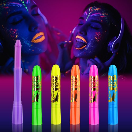 6 Pack Glow in The Dark Body Face Paint Neon Glow in The Black Light UV Fluorescent Crayons Paint Sticks Makeup Kit for Kids Adults Halloween Masquerade Mardi Gras Blacklight Birthday Party