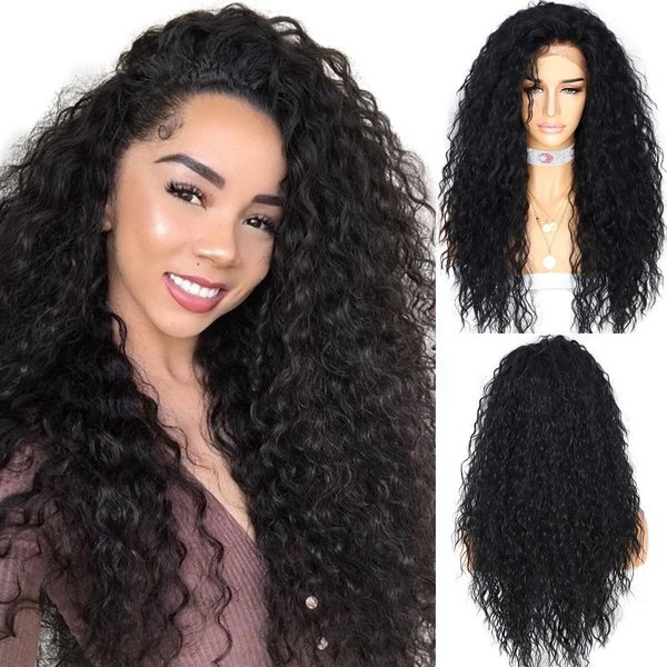 SAPPHIREWIGS Curly Lace Front Wigs for Black Women Long Black Wig Glueless Synthetic Loose Curly Wig Pre Plucked Hairline with Baby Hair Daily Party Use 26 inch