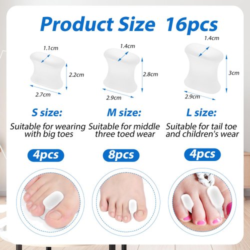 16pcs Gel Toe Separators, Soft Silicone Toe Straighteners Comfortable Toe Spacers Corrector Toe Spacers for Men Women Overlapping, Crooked, Valgus Toes (White)