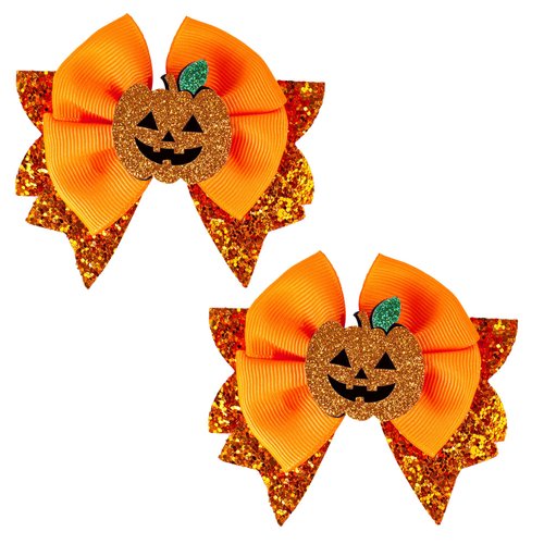 Fall Pumpkin Hair Bows, Beleki 2Pcs Glitter Pumpkin Hair Clips for Girls - Orange Grosgrain Ribbon Hair Bow Sparkly Sequin Festive Hair Accessory for Thanksgiving Fall Holiday Halloween