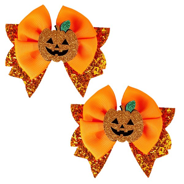 Fall Pumpkin Hair Bows, Beleki 2Pcs Glitter Pumpkin Hair Clips for Girls - Orange Grosgrain Ribbon Hair Bow Sparkly Sequin Festive Hair Accessory for Thanksgiving Fall Holiday Halloween