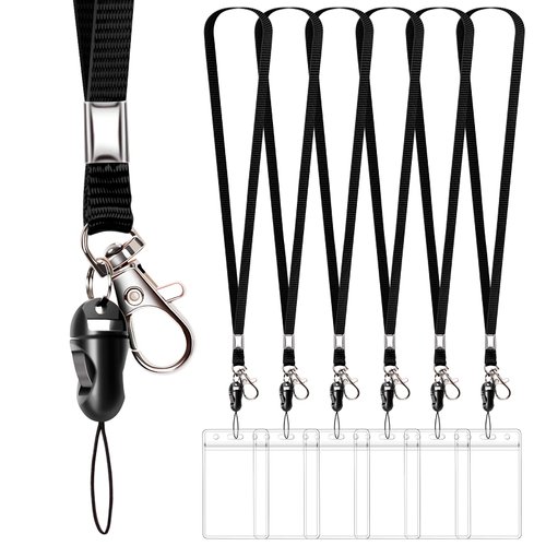 6 Pack Neck Lanyard with ID Badge Holder, Office Strap Lanyards, Stainless Metal Swivel Hook for Name Tag, Badge Holders, Keychains, Card, Black