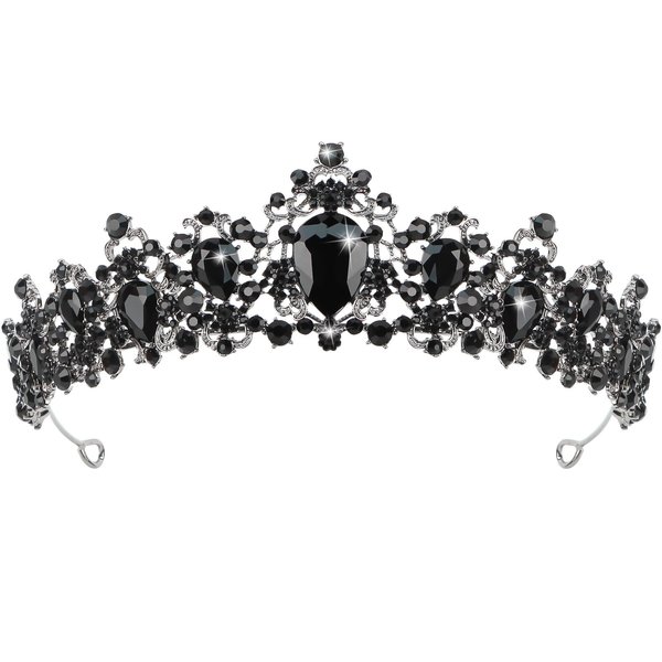 Baroque Black Crown for Women Vintage Black Tiaras with Gemstones for Prom Birthday Party Quinceanera Pageant Halloween Costume Headpieces Crystal Tiaras