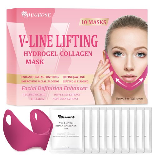 HUGROSE Double Chin Mask, 10PCS V-LINE Lifting Mask, V Shape Face Tape Chin and Neck Mask for Skin Firming, Toning Hydrogel Collagen Face Mask with Hyaluronic Acid & Aloe Vera