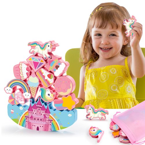 IPOURUP Unicorn Toys for Girls Age 3-6 Kids Mini Wooden Stacking Blocks Toy Birthday Gifts for 3 4 5 6 7 Year Old Girls Toddler Montessori Toys Balance Games Stocking Stuffers for Girl Ages 4-6