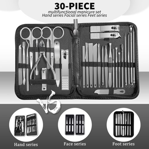 Manicure Set，30 in 1 Mens Manicure Set Professional，Nail Clipper Set for Men，Mens Nail Grooming Kit，Andrea Nail Manicure Kit for Women，Nail Care Kit for Women，with Luxury Leather Bag（Stainless Steel）