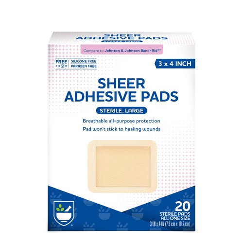 Rite Aid Sheer Adhesive Bandages with Sterile Non Stick Pad, 3" x 4" - 20 Count | Wound Care/First Aid Supplies | Bandage Wrap | Medical Tape for Skin Bandages