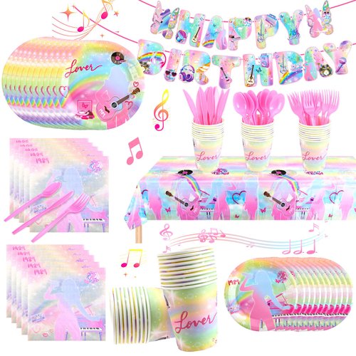 170pcs Singer Birthday Party Decorations,Popular Music Singer Party Supplies Serves 24 Guests.Party Favors Included Banner,Tablecloth,Plates,Napkins,Cups,Knifes,Forks and Spoons Prefer for Everybody